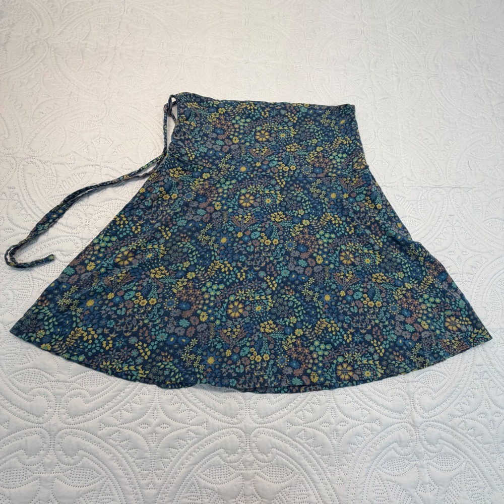Patagonia Floral Wrap Mini Skirt Blue Yellow Organic Cotton Blend Small